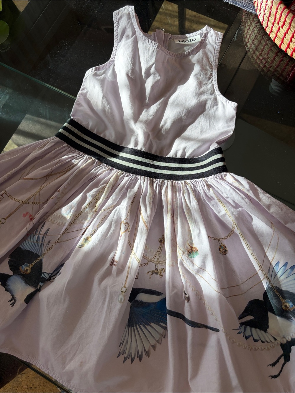Molo Lilac Bird Print Dress with Black-Striped Waistband